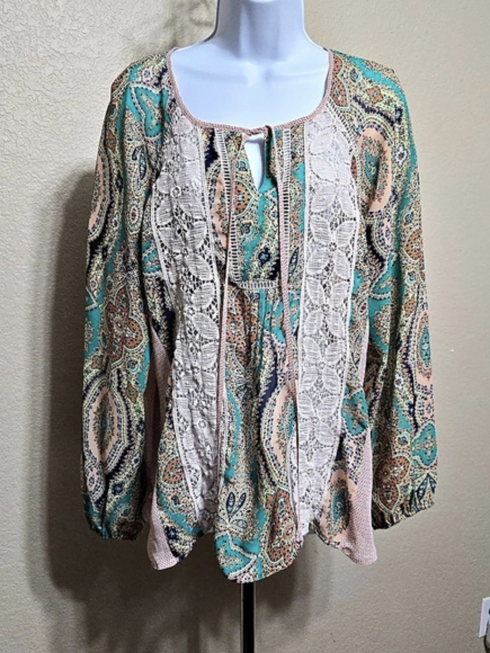 Meadow Rue Paisley Lace Panel Tunic in Turquoise Size Large